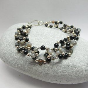 Black lace agate and silver link bracelet